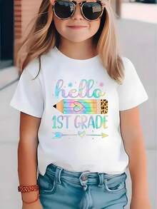 Kids Cotton T-Shirt, First Day Of School Top White Short Sleeve Tee For Grade 1, Print Summer Outdoor Sports Shirts, Size 3Y-13Y With White, ELY0704037 Back To School First Grade Graphic Tee - 白色 - 查看 1