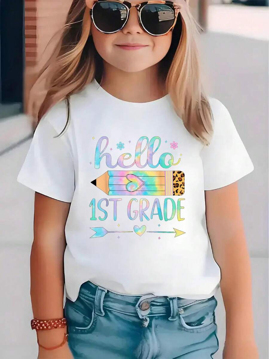 Kids Cotton T-Shirt, First Day Of School Top White Short Sleeve Tee For Grade 1, Print Summer Outdoor Sports Shirts, Size 3Y-13Y With White, ELY0704037 Back To School First Grade Graphic Tee - 白色 - 查看 1