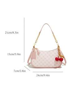 Nuova borsa a tracolla multifunzionale alla moda e classica in colore rosa, in tessuto impermeabile in PU, con decorazione a motivo di lettere, design a colori a contrasto, a mezzaluna monospalla, con tracolla lunga diagonale, decorata con un ciondolo a forma di ciliegia rossa, borsa a spalla da donna per lavoro e tempo libero, leggera, adatta per lo shopping e le feste, da portare con sé.