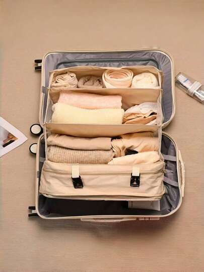 1pc Foldable Hanging Luggage Organizer, Travel Essentials, Clothes Packing Cubes With Hanging Shelves And Laundry Storage Compartment Travel Organizer Travel Luggage Bag Hanging Packing Cubes With Hanging Shelves And Laundry Storage Compartment (Hook Color Black And Silver Random)Dorm Room Essentials Clothes Organizer Closet Organization And Storage Bedroom