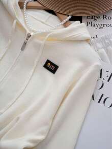 Letter Embroidery Solid Color Drawstring Hooded Knit Cardigan - Apricot - View 3