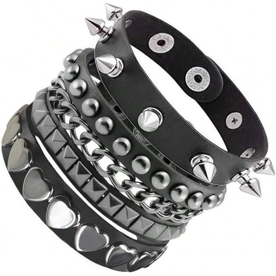 Eigso 3 Pcs Leather Punk Bracelets Men Women Of Rock Rivet Wrap Retro Spike Bracelet Adjustable - 黑色 - 3 顆心 - 查看 1