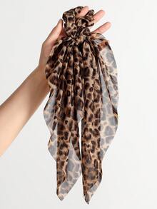 1pc Women's Chiffon Leopard Print Hair Scrunchie With Ribbon, Casual Ponytail Accessory For Beach, Vacation, Photo Shoot, Hair Accessories - Multicolor - View 3