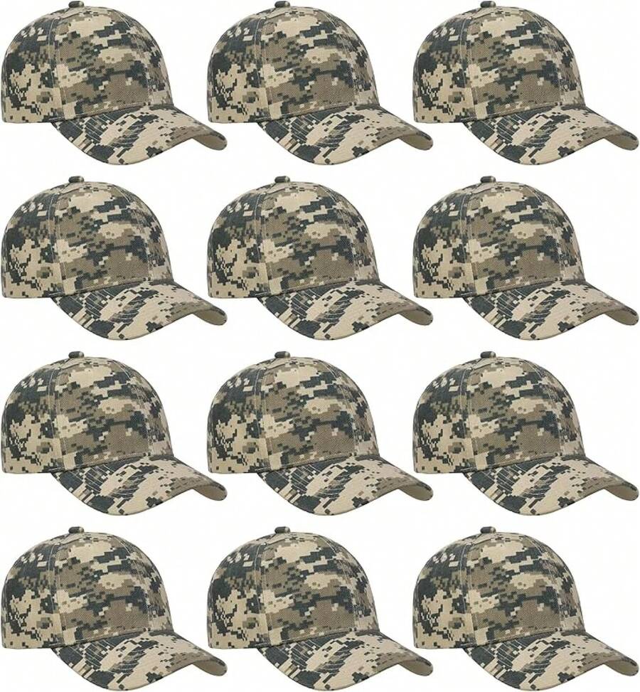 Bulk Lot 12-Pack Adjustable Size Plain Blank Solid Color Baseball Caps - Camouflage - Digital - View 1