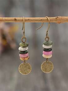 1 paire de boucles d'oreilles vintage rondes faites main avec plaques de métal patiné et perles, boucles d'oreilles rétro créatives en mini perles de pierre pour femmes