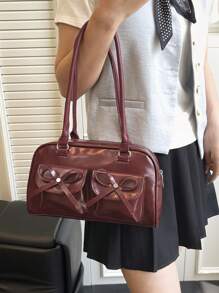 1个复古简约拉链手提包，带口袋，双提手，适合女士日常休闲及通勤使用。 - 紅色 - 查看 3