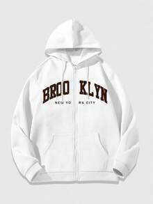 女式卫衣外套，秋冬款，拉链开合，保暖内衬，美式风格，品牌标志，十字英文字样印花 - 白色 - 查看 3