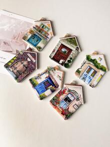 1pc Cute Countryside Floral Warm House Shaped Metallic Foil Melamine Fridge Magnet, Suitable For Home Decor, Daily Use And Holiday Gifts