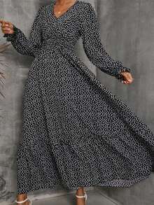 Women's Polka Dot V-Neck Dress - Light Luxury Mature Style Waist-Cinched Flared Sleeve, Spring Fall Summer Print Elegant Versatile Maxi Dress - 黑色 - 查看 1