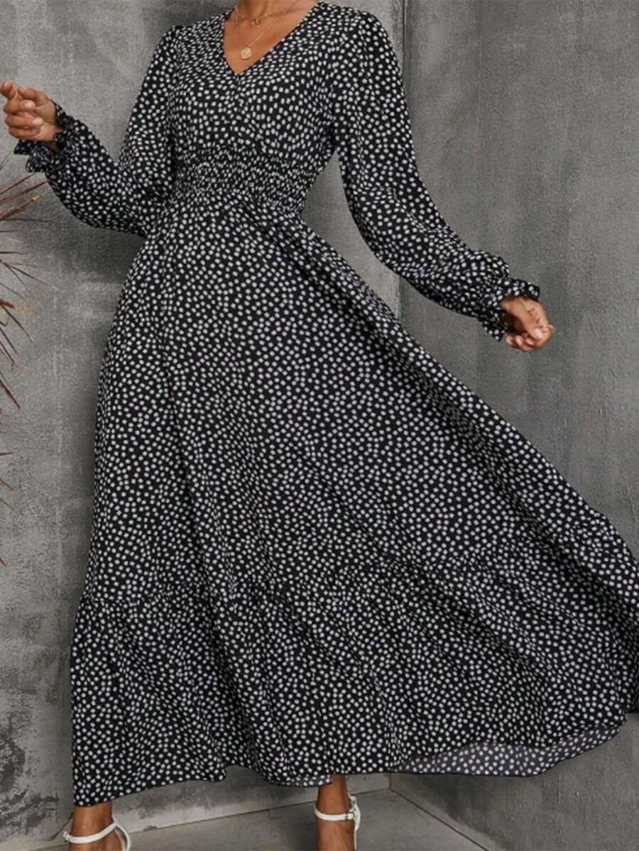 Women's Polka Dot V-Neck Dress - Light Luxury Mature Style Waist-Cinched Flared Sleeve, Spring Fall Summer Print Elegant Versatile Maxi Dress - 黑色 - 查看 1