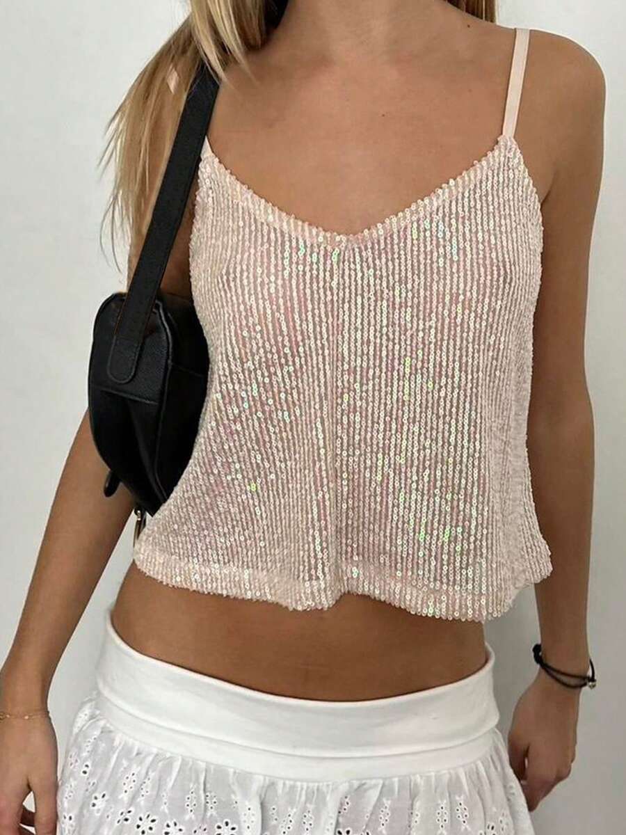 Women Summer Spaghetti Strap Sequins Vest Cami Crop Tops Going Out Party Club Tops - 淺粉色 - 查看 1