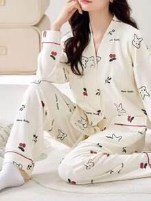[PONX]2pcs Women V-Neck Pajama Set, Long Sleeve Top And Pants, Soft Homewear For Spring And Autumn, Fall Winter Clothes - Beige - View 2