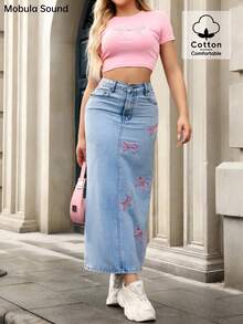 Mobula Sound Mid-East Spring & Summer Y2K Sexy Music Festival Student/Collegiate Versatile Casual Vacation Fashion Cute Bow Embroidery Figure-Flattering Denim Maxi Skirt - Blue - View 6