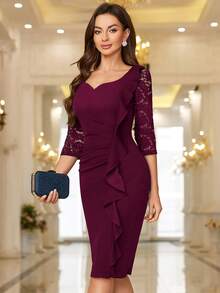 MIUSOL Đầm ôm body dự tiệc cocktail cổ tim ren hoa tương phản cổ điển, tay áo 3/4, viền bèo nhún, đầm bút chì, đầm công sở, đầm mặc đi làm - Màu Đỏ Sâu - Xem 6