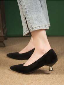 Zapatos individuales con estampado de leopardo francés, temperamento puntiagudo femenino, zapatos de tacón pequeño, tacones de gato, nuevos tacones de terciopelo, tacones de boca clara, Zapatos de tacón de mujer - Negro - Ver 8