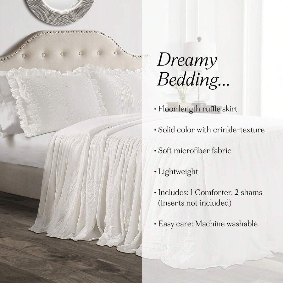 Lush Decor Ruffle Skirt Bedspread 3 Piece Set, Queen, Navy - Blue Queen Bedding - Ruffled Bedspread - Vintage Farmhouse Decor Halloween-Fall Decor-Room Decor - 白色 - 查看 1