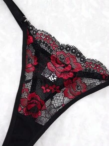Women's Black & Red Rose Gothic Contrast Lace Sexy Crop Top Dress And Thong Lingerie Set, Suitable For Outerwear