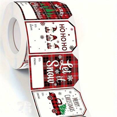 200/500/1000个圣诞礼物标签，节日纸质标签，红色格子图案，包含“Ho Ho Ho”、“Joy”、“Merry Christmas”和“Let It Snow”等祝福语，多种颜色可选，适用于礼品包装、艺术和手工用品、圣诞节、圣诞装饰、圣诞睡衣、圣诞礼物、圣诞装饰、情人节派对、家居装饰、家居礼品等。
