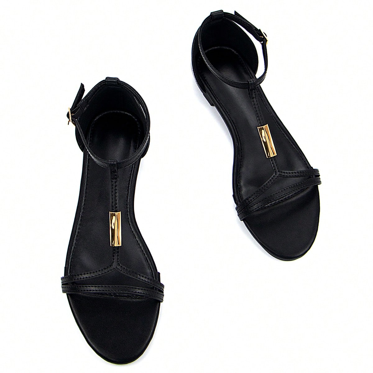 Sandalias planas casuales con correa de tobillo, decoración de hebilla de metal dorado, tela de PU negra cómoda y punta redonda, para atuendos de pr