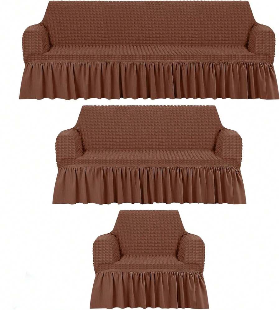 AMOROSA 3 Pieza Funda Cubre Sala con Falda Tipo Plumeti Funda de Sofá Lavable Elástica Fácil de Instalar Fundas para Sillones Sala  (1 plaza, 2 plazas, 3 plazas) Decoración Sala Cafe