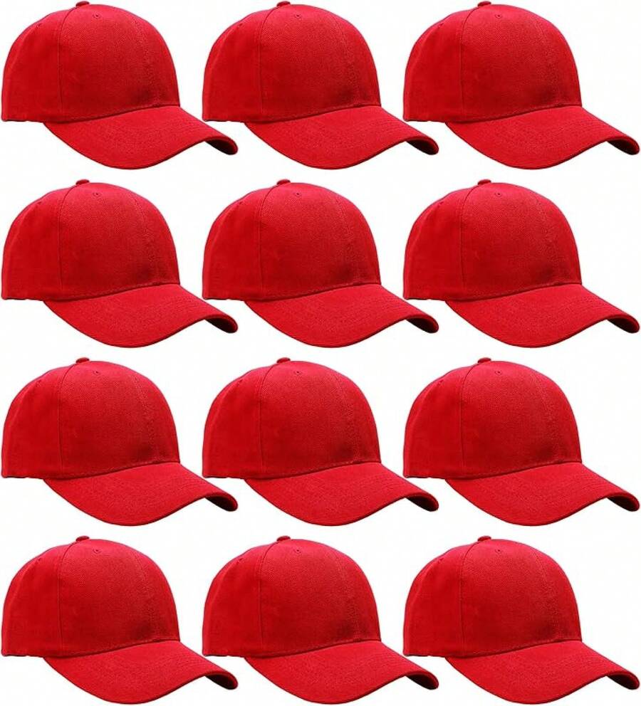 Bulk Lot 12-Pack Adjustable Size Plain Blank Solid Color Baseball Caps - Red - View 1