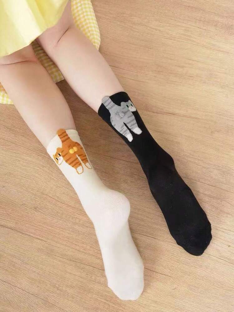 2 双随机猫咪和铃铛图案休闲中筒袜，有趣又可爱，适合夏季和秋季 - 彩色 - 查看 4