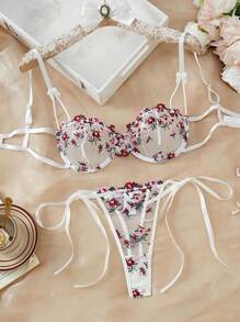 Women's Sexy Floral Embroidered Mesh Lingerie Set, Rave - White - View 2