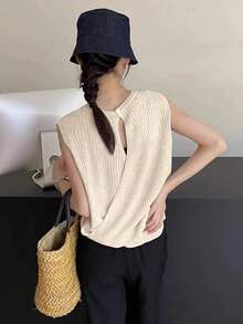 无袖合身针织上衣，优雅百搭，全新夏季系列 - 杏色 - 查看 3