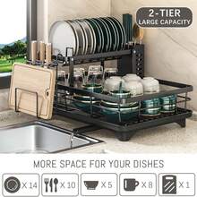 Dish Drying Rack, Two-Tier Removable Dish Rack, Suitable For Kitchen Countertops, Large-Capacity Dish Drainer, Kitchen Storage Rack With Knife And Cutting Board Holders, Efficiently Saves Space For Storing Plates, Bowls, Pots, And Utensils, Efficiently Stores Plates, Dish Drainer Rack. - 黑色 - 查看 6
