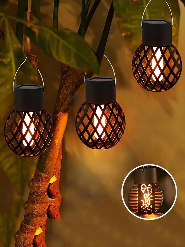 4pcs New Outdoor 6LED/12LED Hanging Flame Ball Solar Light, Waterproof Garden Decorative Flame Light, Suitable For Courtyard Lawn Garden Window Fence Garage Backyard Decorative Atmosphere Hanging Light