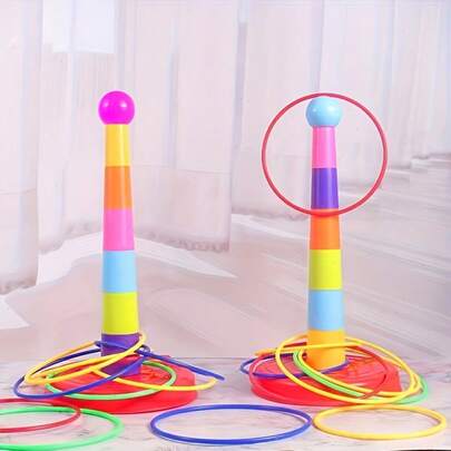 1 套彩色多场景套圈游戏套装，风格活泼有趣，采用耐用的塑料材质，多种规格的套圈+各种目标塔组合形状，细节包括互动式套圈塔组件（部分组件随机发货）。