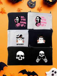 1pc Black & Beige Halloween Cartoon Makeup Bag, Fashionable And Versatile, Suitable For Daily Outings And Multi-Purpose Storage Of Cosmetics, Stationery, Coins, Etc., Convenient To Carry, Great For Graduation, Birthday, Halloween, Parties And Other Gifting Occasions