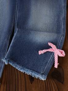 2pcs Baby Girl Fashion Cute Floral Ruffle Decor Multi Bow Accent Striped Collar Casual Long Sleeve Shirt Blouse & Butterfly Embellished Fringe Waistband Jeans Pants Set - Pink - View 8