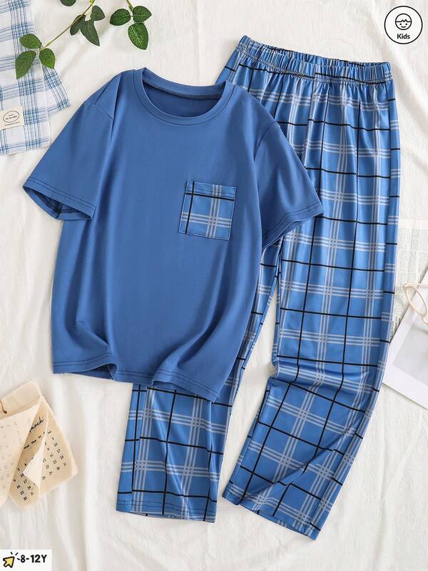 Boys' Casual Fashion Simple Grid 2 Pieces Home Set, Round Neck Short Sleeved+Fully Printed Pants Set, Comfortable Fabric, Suitable For Home Wear