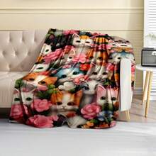 1PC Cute Kitten Patterned Flannel Blanket, Machine Washable, Soft And Comfortable, Lightweight Wool Blanket, Comfortable Air Conditioning Blanket, Home Decoration, Suitable For All Seasons, Christmas And Halloween Friend Gifts, Suitable For Sofas, Beds, Cars, Offices, Camping, Travel, Outdoor, Suitable For Giving To Family And Friends. The Perfect Gift For Sons, Daughters, Grandmothers, Grandfathers, Fathers, Mothers, Uncles, And Aunts