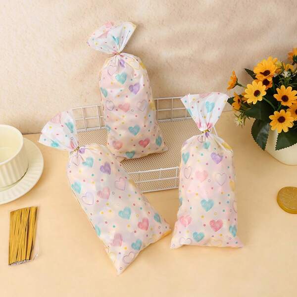 50 stuks kleurrijke Valentijnsdag geschenkzakjes met liefdesmotief, Valentijnsgeschenkverpakkingen, kleine geschenkverpakkingen, huwelijksfeestgeschenkzakjes, plastic strikzakjes