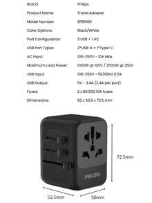 PHILIPS 1  Travel Adapter - Multi-Function Charger With International Conversion Plug, Essential For Business Travel, Compatible With US, Australia, UK, EU Sockets