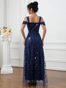 女式深蓝色刺绣露肩A字长款闪亮派对生日连衣裙 - 寶藍色 - 查看 9