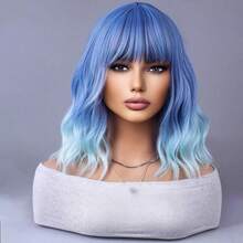 Ombre Blue Wigs For Women Short Curly Wavy Blue Wig For Girls Short Bob Wig With Bangs Heat Resistant Synthetic Wigs For Cosplay Costume Party (Blue Ombre Wig)Essential Festive Atmosphere For Christmas - Nâu và Vàng - Xem 7