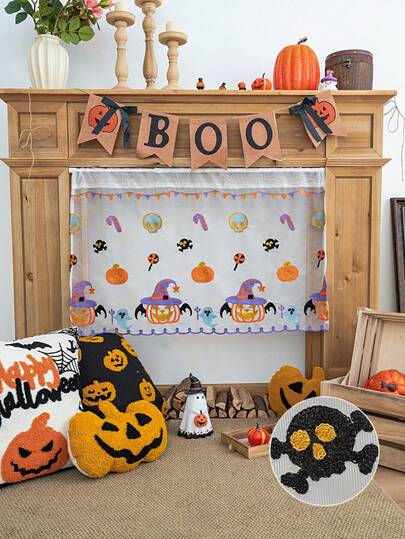 1pc Halloween Pumpkin&Ghost Colorful Sheer Curtain With Rod Pocket Design For Easy Hanging, Perfect For Living Room & Bedroom Decor Curtains For Living Room Curtains For Bedroom, Festival Decoration, No Rod,Fall Decor,Autumn Decor,Room Decor