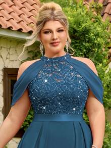 Plus Halter Neck Sequin Floral Lace Cutout Shoulder Cape Sleeve Contrast Chiffon Pleated Hem Formal Party Dress Prom Wedding Guest Gown, For Graduation, Dinner - Màu xanh bụi bặm - Xem 8