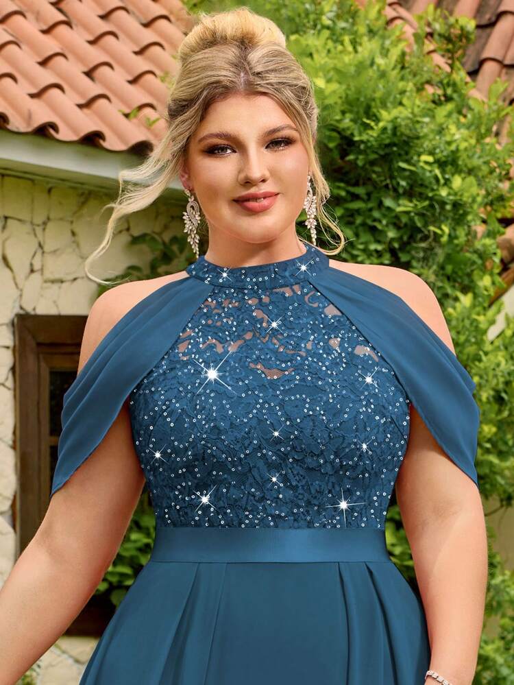 Plus Halter Neck Sequin Floral Lace Cutout Shoulder Cape Sleeve Contrast Chiffon Pleated Hem Formal Party Dress Prom Wedding Guest Gown, For Graduation, Dinner, Birthday - Dusty Blue - View 8