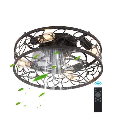 Caged Ceiling Fans With Lights, Black Flush Mount Ceiling Fan With Remote, Small Low Profile Bladeless Ceiling Fan Light Fixture For Bedroom, Kitchen, Dining Room.