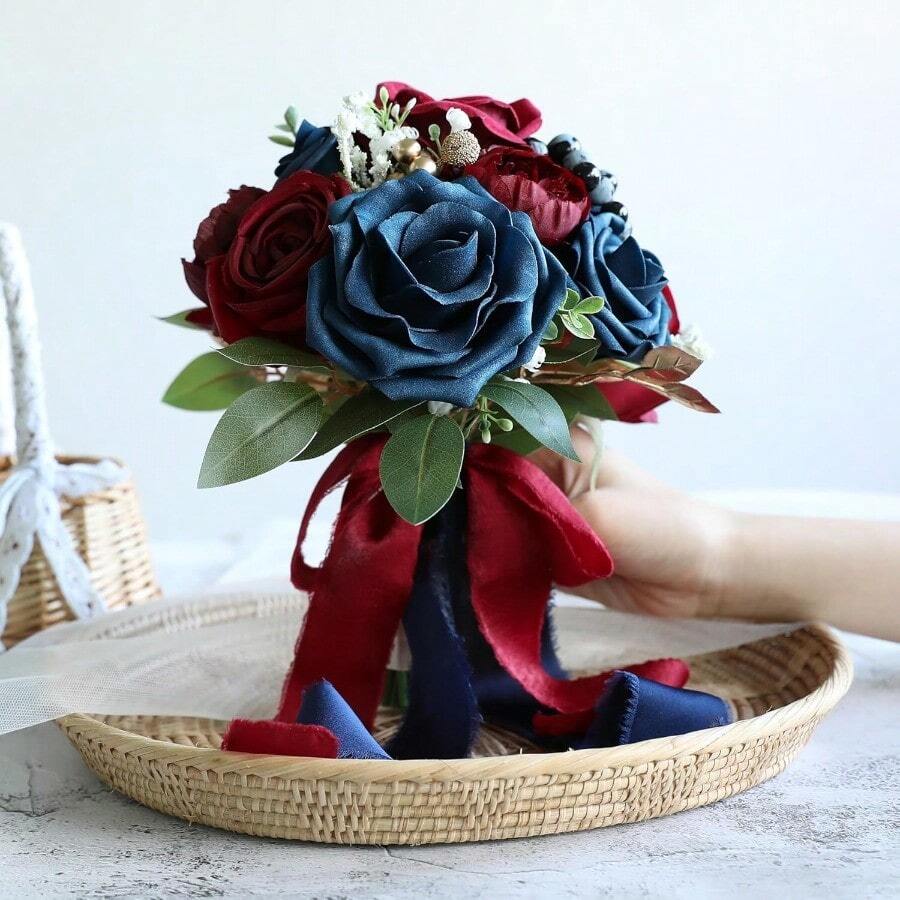 Dusty Blue Wedding Bouquets For Bride Bridesmaid, White Wedding Artificial Roses Flowers For Wedding Bouquets Ceremony, Anniversary - Burgundy & Navy Blue - View 1