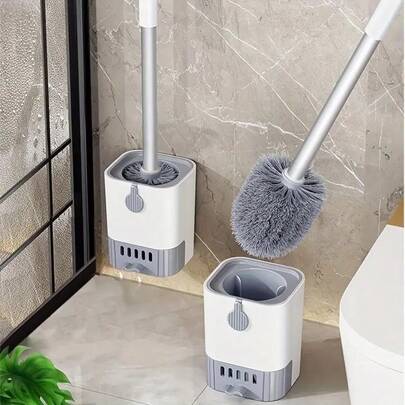 Flexible Bristles Toilet Brush 1 Set Wall-Mounted With Holder Long Handle Hangable Design No Dead Corner Bathroom Bowl Cleaner Scrubber Kit Grey