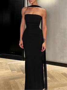 Women Elegant Strapless Bodycon Maxi Dress Sleeveless Split Formal Evening Gown Cocktail Wedding Guest Party Dress With Scarf - 黑色 - 查看 4
