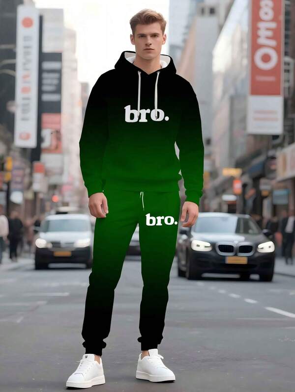 Set de 2 piezas con estampado degradado y patrón de letras, traje deportivo cómodo para fitness, baloncesto y actividades al aire libre para hombres, adecuado para fiestas, viajes de negocios y otoño/invierno con bolsillos con cordón