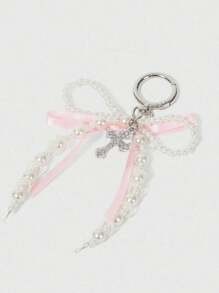 Y2k 粉红丝带蝴蝶结珍珠钻石十字架吊坠钥匙扣，精致的少女包饰，适合女孩、学生和的可爱包饰 - 适合背包、钱包、手机、礼品袋和日常学校使用的精美配饰，也可作为礼物赠送给朋友、生日礼物、教师节礼物、返校季节。