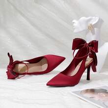 High Heels For Womens Bow Heels With Strappy Wedding Satin Shoes For Bride Closed Pointed Toe Stiletto Slingback Pumps Sexy Ankle Strap Prom Dressy Party Bridesmaid Shoes - 紅色 - 查看 9