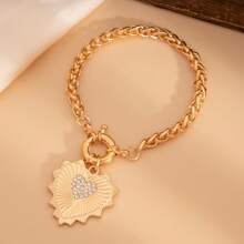 Inlaid Diamond Heart Metallic Pendant Necklace Light Luxury Style Spring Buckle Collarbone Chain Set Women Adjustable Bracelet Jewelry - 02 金色手鍊 2583 - 查看 7